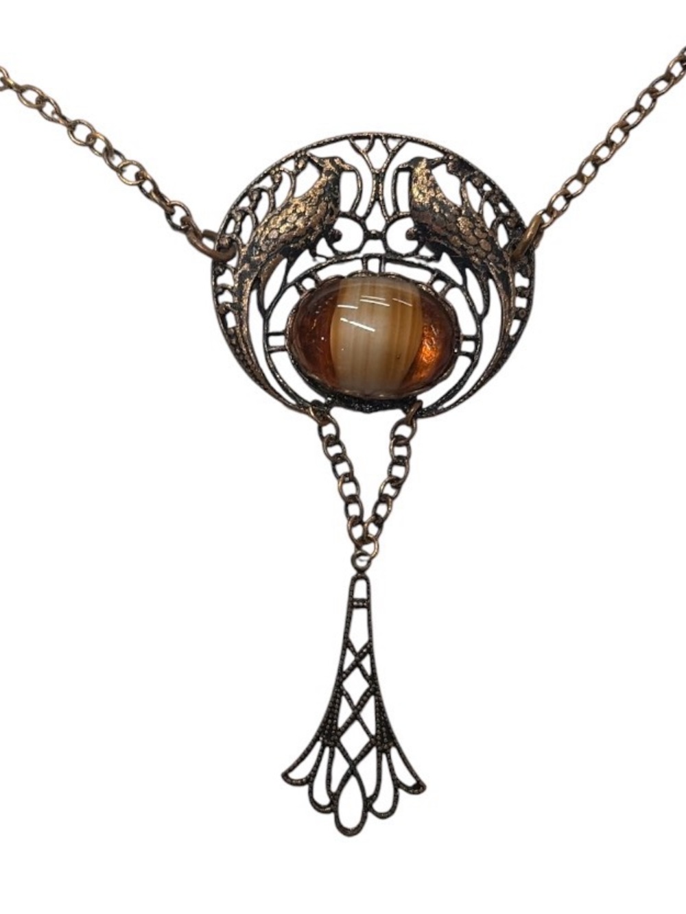 Vintage-Inspired Brown Glass Stone Dangle Necklace